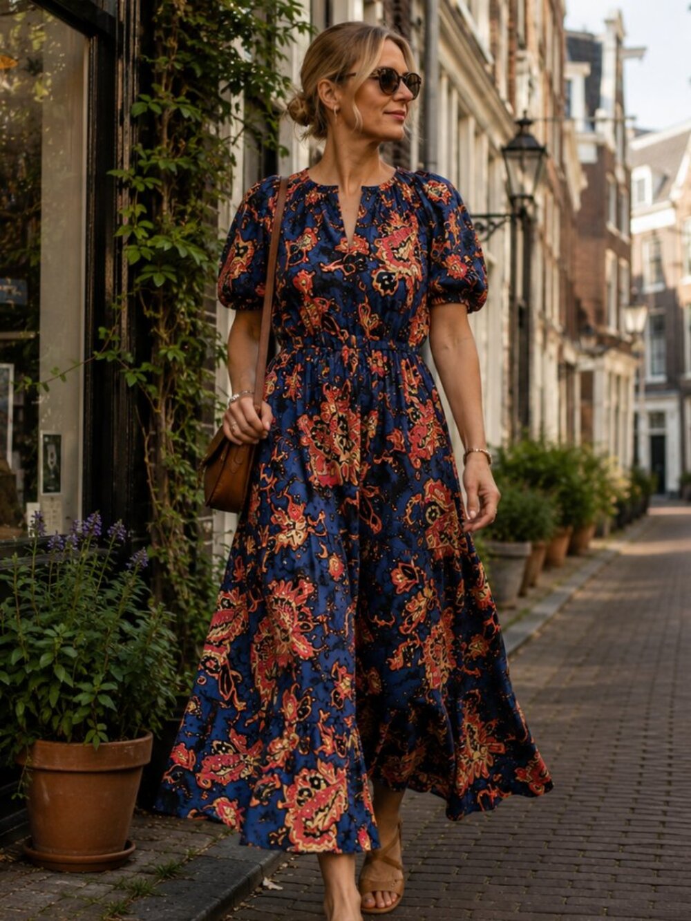 A.L.C. Mischa Blue Pink Posey Floral Cotton Tiered Maxi Dress Size 6 Puff Sleeve